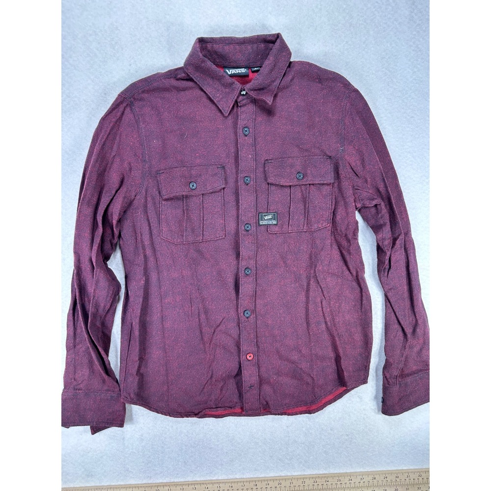 Vans Mens Small Burgundy Black Heathered Flannel Button Down Shirt Long Sleeve